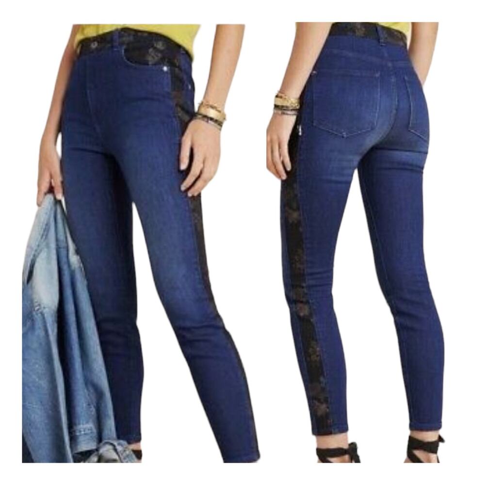 Anthropologie Pilcro Dark Blue Cotton High Rise Floral Tuxedo Skinny Jeans 27
